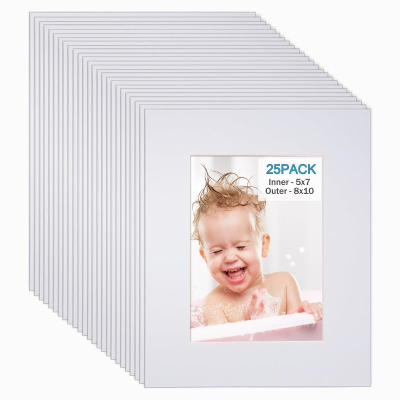 Egofine 8x10 White Picture Mats Pack of 25, Frame Mattes for 5x7 Pictures, Acid Free, 1.2mm Thickness, with Core Bevel Cut - Image 1